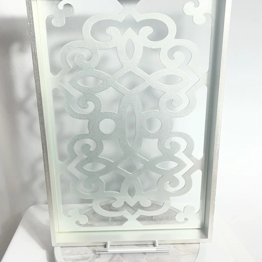 Decorative Serving Tray Silver White Cutout Glass Bottom Handles 17in